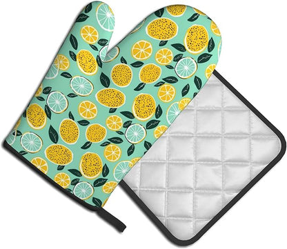 Lemon Pot Holders and Oven Mitts - Summer Teal Lime Refreshing Oven Glove Hot Pads for Kitchen Chef Gifts for Cooking Lover Cooks