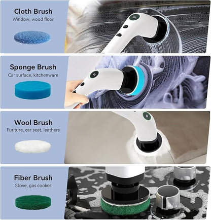 Electric Spin Scrubber, Cordless Cleaning Brush Scrubber with Battery LCD Display for Bathroom, Kitchen and Home, Adjustable Extension Handle, Full Body Waterproof IPX7, 8 Replaceable Brush Heads