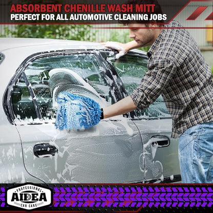 AIDEA Car Wash Mitt Microfiber, 2PK Scratch Free Lint-Free, Premium Chenille Microfiber Mitt Car Wash Brush, Green & Blue, Extra Large Size 8''X12''
