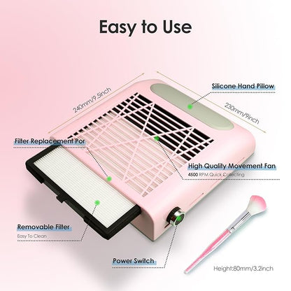 Nail Dust Collector Nail Tech, 80W Powerful Suction Nail Extractor Vacuum with Reusable Filter & Brush, Adjustable Electric Nail Fan Dust Vacuum for Acrylic Gel Nail Polishing Manicure Tool