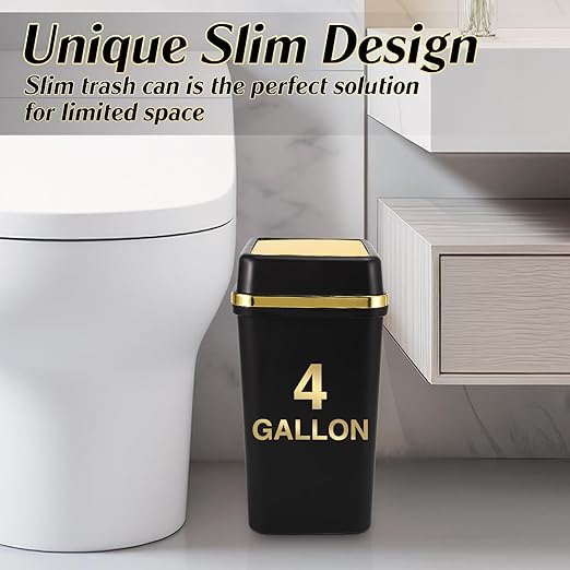 Bathroom Trash Can with Lid 4 Gallon Trash Can with Swing Lid Small Garbage Can Black Bathroom Trash Can with 300 Counts Trash Bags for Kitchen Bedroom Office Dorm
