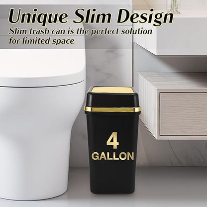 Bathroom Trash Can with Lid 4 Gallon Trash Can with Swing Lid Small Garbage Can Black Bathroom Trash Can with 300 Counts Trash Bags for Kitchen Bedroom Office Dorm