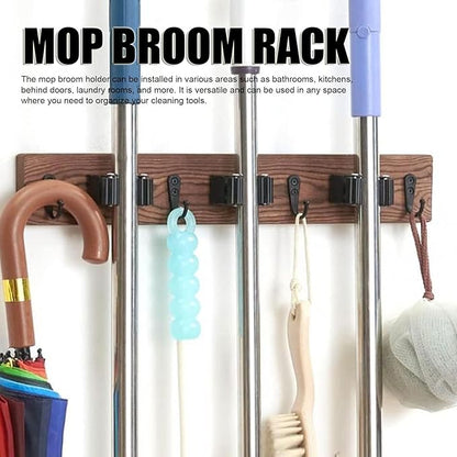 2pcs Broom Holder Wall Mount, Mop and Broom Holder Wall Mounted Organizer Mop and Broom Storage Tool Rack with 3 Rolling Clips and 4 Hooks