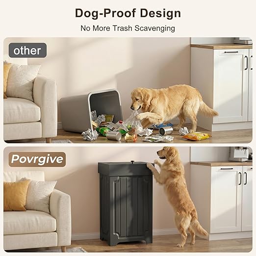 Povrgive Wood Trash Can Cabinet, 13 Gallon Hidden Kitchen Garbage Can with Lid, Farmhouse Dog Proof Trash Can, Metal Ring Included, 16" L x 13" W x 26.5" H, Black