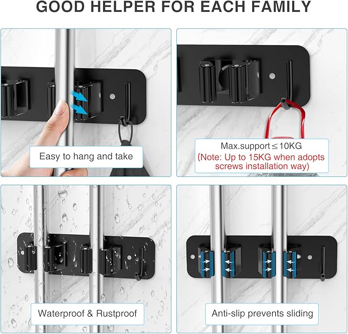 homeasy Wall Mount Mop and Broom Holder, Heavy Duty Stainless Steel Organizer Rack with Hooks | 2-Pack, 2-in-1 No Drill & Screw Installation, Black
