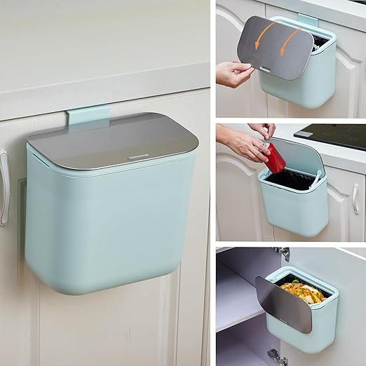 1.8 Gallon Kitchen Compost Bin for Counter Top or Under Sink, Hanging Small Trash Can with Lid for Cupboard/Bathroom/Bedroom/Office/Camping, Mountable Indoor Compost Bucket - Green