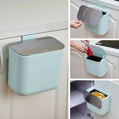 1.8 Gallon Kitchen Compost Bin for Counter Top or Under Sink, Hanging Small Trash Can with Lid for Cupboard/Bathroom/Bedroom/Office/Camping, Mountable Indoor Compost Bucket - Green