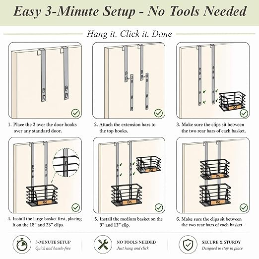 Over-the-Door Trash Bag Holder, Organizer and Dispenser, Stackable 2-Baskets with Heavy-Duty Hooks, 22 lbs Capacity, Carbon Steel, Bonus Adhesive Mounts, Multiuse Kitchen and Home Organizer
