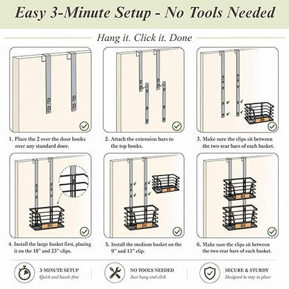 Over-the-Door Trash Bag Holder, Organizer and Dispenser, Stackable 2-Baskets with Heavy-Duty Hooks, 22 lbs Capacity, Carbon Steel, Bonus Adhesive Mounts, Multiuse Kitchen and Home Organizer