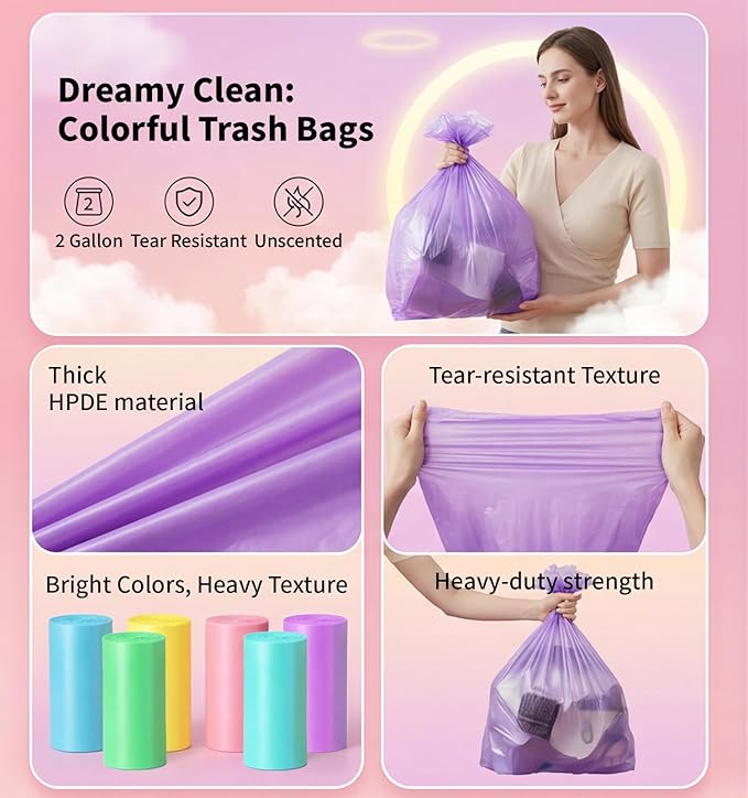 300 Count 2 Gallon Trash Bags - 7.5 Liter Colored Small Garbage Bags Unscented Wastebasket Liners Heavy Duty & Leakproof Mini Can Liners for Bathroom Office Home Car
