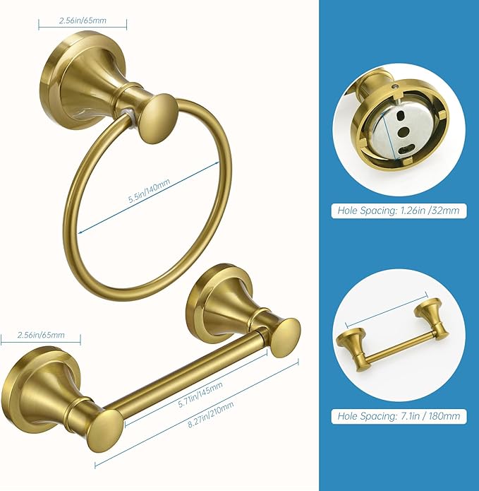 RUMOSE Toilet Paper Holder and Hand Towel Ring Brushed Gold Wall Mount Bathroom Hardware Accessories 2 PCS Set Flexible Pivoting Toilet Tissue Roll Holder and Towel Hanger, Stainless Steel