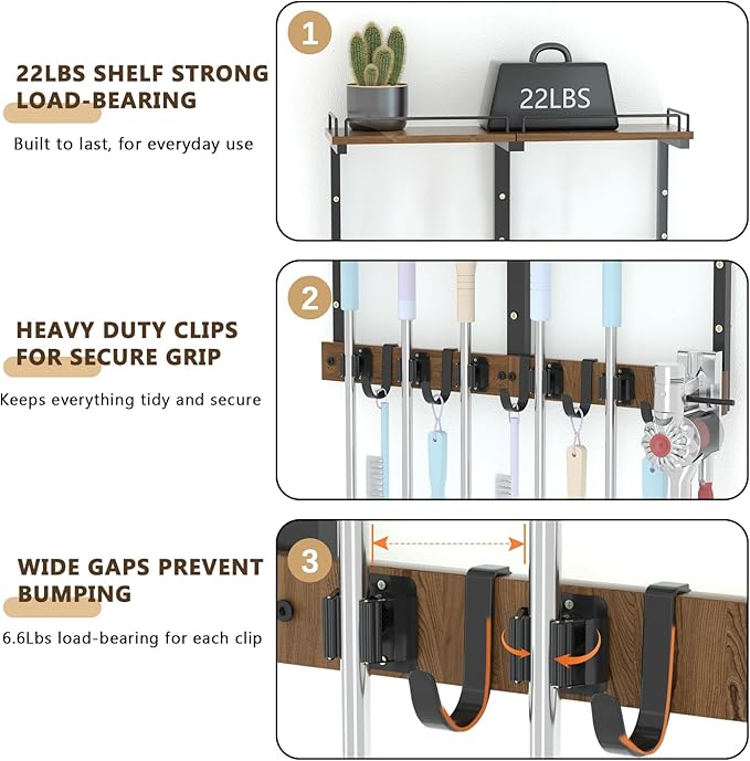 Mop Holder Wall Mount with Cleaning Supplies Organizer, Wood Mop and Broom Hanger Rack Organizer with Anti-Fall Wall Shelf with 5 Clips & Hooks for Garage Laundry Room Organization, Brown