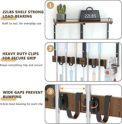 Mop Holder Wall Mount with Cleaning Supplies Organizer, Wood Mop and Broom Hanger Rack Organizer with Anti-Fall Wall Shelf with 5 Clips & Hooks for Garage Laundry Room Organization, Brown