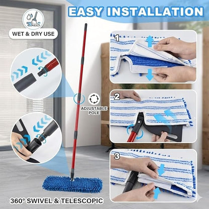 Microfiber Flat Mops for Floor Cleaning,Flat Mop with 3 Reusable Pads and Extendable 58" Long Handle for O Cedar Dual-Action Microfiber Flip Mop ,Washable Hardwood Floors Mopping to Dry and Wet Clean