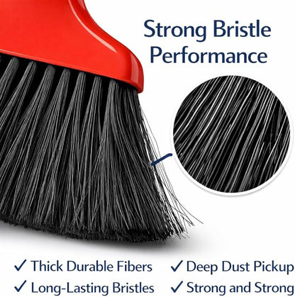 Heavy Duty Whisk Broom and Dustpan Set with Red Handle & Black Bristles, Compact Handheld Cleaning Combo for Home, Kitchen, Office, Garage & Car