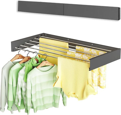 Vikaqi Wall Mounted Clothes Drying Rack 40", Foldable Wall Mount Laundry Rack Folding Indoor, Drying Rack Clothing Collapsible, Hidden Space Saver with Wall Template, 6 Rods, Black