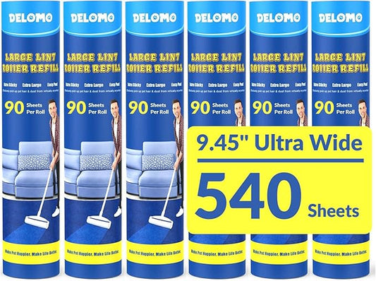 Large Lint Roller Refills: DELOMO 9.45 in Lint Roller Refill (6 Pack, 540 Sheets), Compatible Only with DELOMO Large Lint Roller, for Cleaning Floor, Carpets, Bedding, Couch, Cars, & Pet Hair