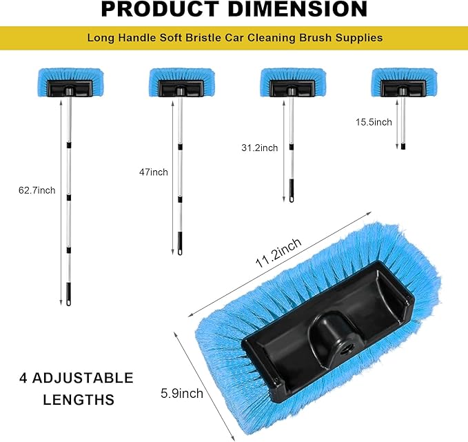62.7" Car Wash Brush with Long Handle, Scratch-Free Washing Brushes with Five-Sided Soft Bristles, Adjustable Cleaning Brush Wash Mop Kit for RV Truck SUV House Siding (Blue)
