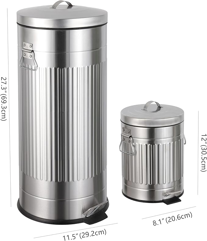 happimess HPM1018E Theo Retro 8-Gallon Step Trash Can with Soft-Close Lid and Free Mini Trash Can for Home, Kitchen, Bathroom, Living Room, Office, Platinum Silver