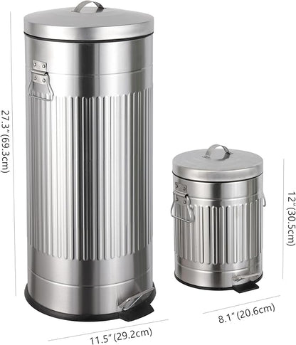 happimess HPM1018E Theo Retro 8-Gallon Step Trash Can with Soft-Close Lid and Free Mini Trash Can for Home, Kitchen, Bathroom, Living Room, Office, Platinum Silver