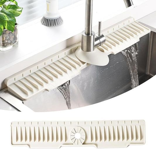 24" Silicone Sink Mat for Kitchen(Released in 2026) – 8° Slope for Quick Self-draining,Sink Splash Guard Behind the Faucet for Kitchen&Bathroom Area, Narrow Water Splash Guard Easy to Clean (Beige)