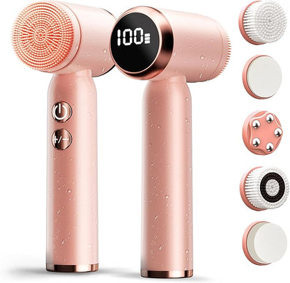 Electric Face Scrubber with Led Display & Facial Cleansing Brush - 6-in-1 Exfoliating Kit, 3 Speeds, IPX6 Waterproof Face Brush for Deep Cleaning, Massage & Gentle Exfoliation-Pink