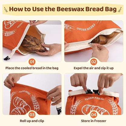 2 Pack Beeswax Bread Bags with Zipper, XL(13x17in) Sourdough Bread Storage for Homemade, Freezer Storage Bag to Keep Fresh, Cotton Beeswax Container, Baguette Bag with Liner, Kitchen Baking (Orange)
