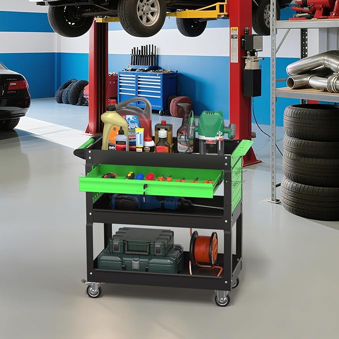 3 Tray Rolling Tool Cart with Drawers, 400 LBS Capacity Mechanic Tool Cart on Wheels, Heavy Duty Utility Cart with Pegboard, Metal Work Cart for Garage and Repair Shop, Blackgreen