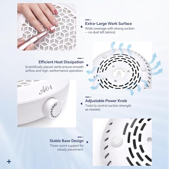 Nail Dust Collector 4500RPM Vacuum Fan Duster with Reusable Filter Compact Low Noise Powerful Vacuum Cleaner for Acrylic Gel Polished Nails, Nail Salon & Home Tool, White