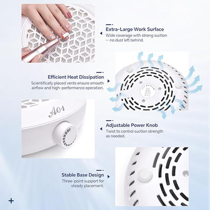 Nail Dust Collector 4500RPM Vacuum Fan Duster with Reusable Filter Compact Low Noise Powerful Vacuum Cleaner for Acrylic Gel Polished Nails, Nail Salon & Home Tool, White