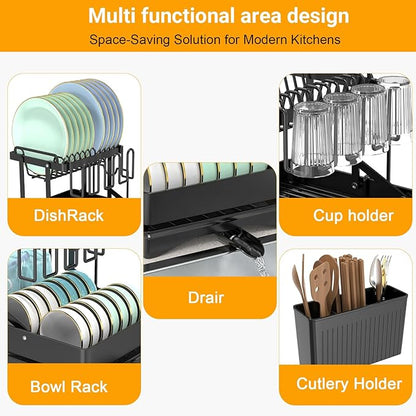 Expandable Dish Drying Rack, Rust-Proof Metal Dish Racks for Kitchen Counter with 360° Swivel Drain Spout, Space-Saving Dish Drainer with Utensil Holder for Small Apartment & Home Organization, Black