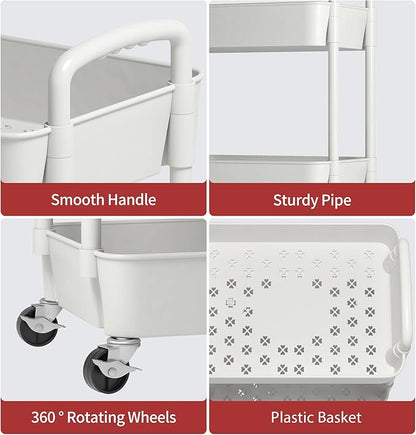 Sywhitta 3-Tier Plastic Rolling Utility Cart with Handle, Multi-Functional Storage Trolley for Office, Living Room, Kitchen, Movable Storage Organizer with Wheels, White