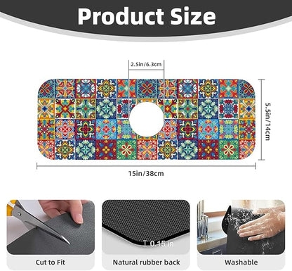 Talavera Mexican Ceramic Tile Floral Kitchen Sink Splash Guard Faucet Mat Super Absorbent Fast Drying Mat Sink Gadgets-Fast Drying Pad Sink Mat For Kitchen Bathroom (15" X 5.5" )