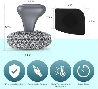 Cast Iron Scrubber, Cast Iron Cleaner with Pan Scraper, Chainmail Scrubber for Cleaning Dishes, Stock Pots, Pans, Griddles, Grills - Dish Scouring Pad Dishwasher Safe Cleaning Kit, Black