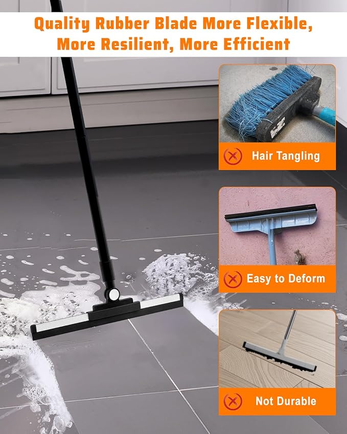 Heavy Duty Floor Squeegee for Concrete Floor– 14.2” Rubber Broom with Cloth Clip Design, 52” Extendable Window Cleaner, Squeegee Broom for Floor, Bathroom, Garage, Tile,Patio &Shower