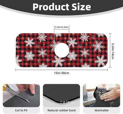 Snowflake Christmas Red Buffalo Plaid Kitchen Sink Splash Guard Faucet Mat Super Absorbent Fast Drying Mat Sink Gadgets-Fast Drying Pad Sink Mat For Kitchen Bathroom (15" X 5.5" )
