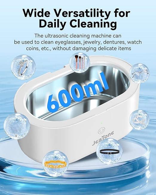 JeaTone Ultrasonic Jewelry Cleaner – 46kHz Sonic Cleaner for Rings, Glasses, Retainers, Dentures, Watches & More, 304 Stainless Steel 20oz Tank (White)