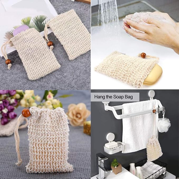 Medsuo 2 PCS Natural Safe and Durable Sisal Fiber Soap Bags, Saver Shampoo Bar Scrubber Pouches for Foaming and Drying Soap Shower Bath Exfoliating