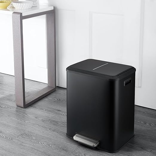 GAOMON Dual Trash Can, 2 x 4 Gal (2 x 15L) Stainless Steel Trash Can with Recycling Bin, Soft-Close Lid, Step-on Garbage Bin - with Removable Plastic Inner Buckets, Black