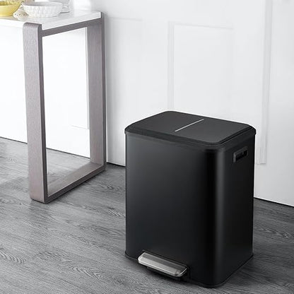 GAOMON Dual Trash Can, 2 x 4 Gal (2 x 15L) Stainless Steel Trash Can with Recycling Bin, Soft-Close Lid, Step-on Garbage Bin - with Removable Plastic Inner Buckets, Black