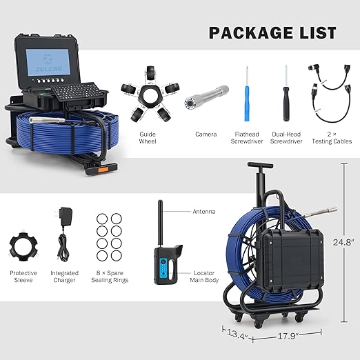 ZELCAN 10.1" Self-Leveling Sewer Camera with 512Hz Locator,Sewer Inspection Camera with 300 ft. Cable & Digital Length Counter, Rechargeable Drain Pipe Camera with Keyboard Wheels 12 LED Lights