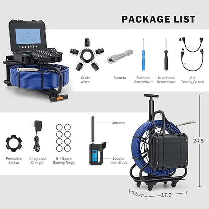 ZELCAN 10.1" Self-Leveling Sewer Camera with 512Hz Locator,Sewer Inspection Camera with 300 ft. Cable & Digital Length Counter, Rechargeable Drain Pipe Camera with Keyboard Wheels 12 LED Lights