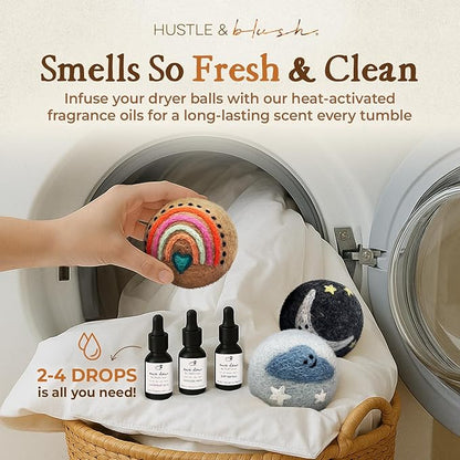 Hustle & Blush Fluff Ewes Wool Dryer Balls 6 Pack - XL Rainbow or Shine Premium New Zealand Laundry Set, Reduces Drying Time, Static Control, Chemical Free, Ideal Holiday Gifts for Women & Men