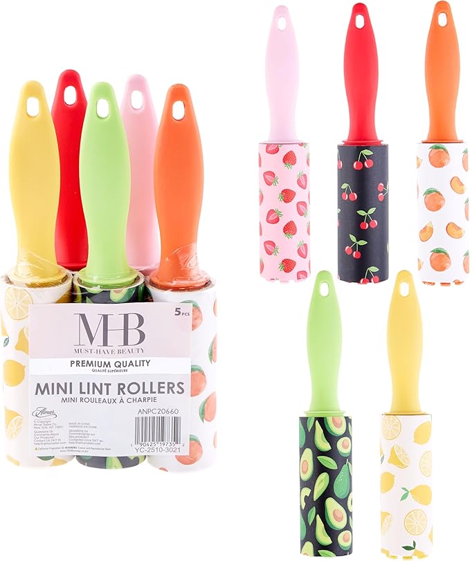 5pc Fruit Mini Lint Roller Value Pack – Colorful Compact Rollers for Travel | Pet Hair & Lint Remover for Clothing & Household Use | Portable On-the-Go Lint Removers