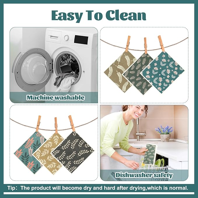 Green Swedish Dishcloths for Kitchen, 6 PCS Swedish Dish Cloths, Super Absorbent Washable Reusable Floral Cloths Dish Towel, No Odor Cellulose Sponge (Dark-Green)