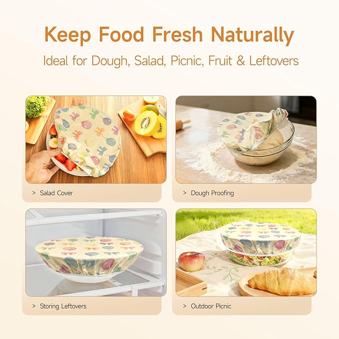 Beeswax Bowl Covers for Bread Proofing, 2 Pack 10 Inch Reusable Cotton Bread Covers with Elastic Edge, Fit 8''–11.5'' Mixing Bowls & Proofing Baskets for Sourdough, Mother Day Gift