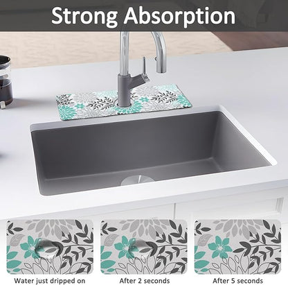 15" X 5.5" Kitchen Sink Splash Guard Faucet Mat Floral Super Absorbent Fast Drying Faucet Guard & Draining Mat Sink Splash Guard Behind Faucet for Kitchen, Bathroom