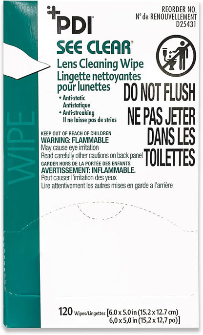 PDI See Clear Lens Cleaning Wipes, Non-Streaking & Anti-Static for Glasses, Eyeglasses, Loupes & Safety Eyewear, 1 Box of 120 Individually Wrapped Packets, Large 6" x 5"