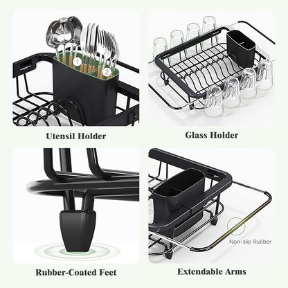 Urackify Expandable Dish Drying Rack Over The Sink, Adjustable Dish Rack in Sink, Rustproof Dish Drainer for Kitchen Counter, Dish Strainer with Utensil Holder, Black