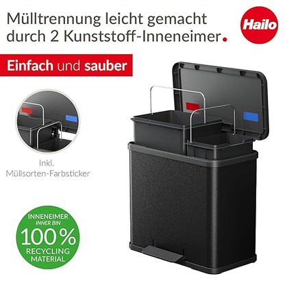 Hailo 0630-260 Oko Duo Plus L Kitchen Trash Can with 2.4 Gallon Bins, Rectangular Dual Compartment Recycling Step, Removable Inner Buckets with Soft-Close Lid Kitchen Trash Can, Black
